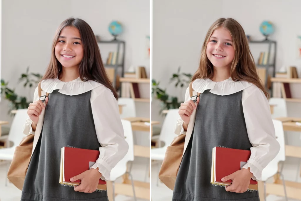 Un visage d'écolière généré par l'IA à remplacer dans l'image d'origine et à assurer l'anonymisation et la protection de la vie privée de l'enfant.