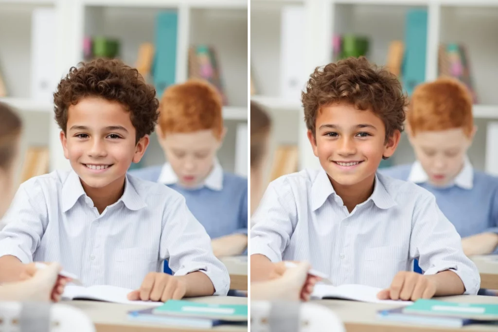 Un visage de garçon généré par l'IA à remplacer dans l'image d'origine et à assurer l'anonymisation et la protection de la vie privée de l'enfant.