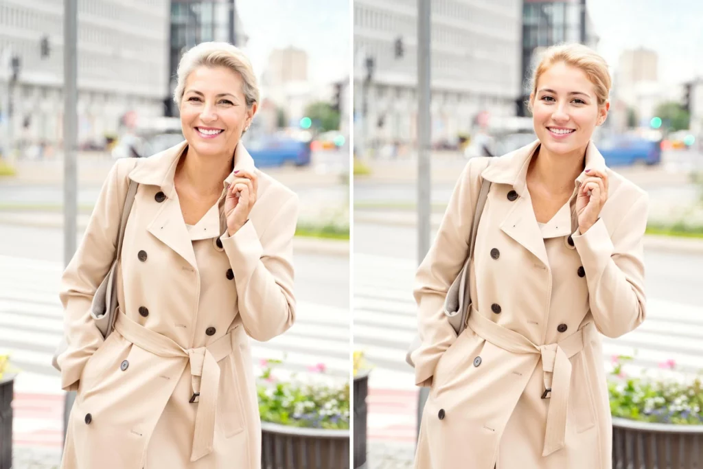 Un visage féminin plus jeune généré par l'IA à remplacer dans l'image d'origine.