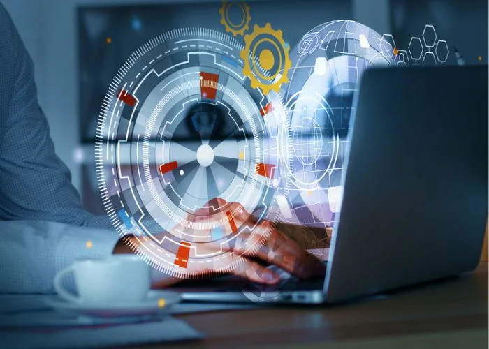 Computadora portátil y símbolos de tecnología e inteligencia artificial ética.