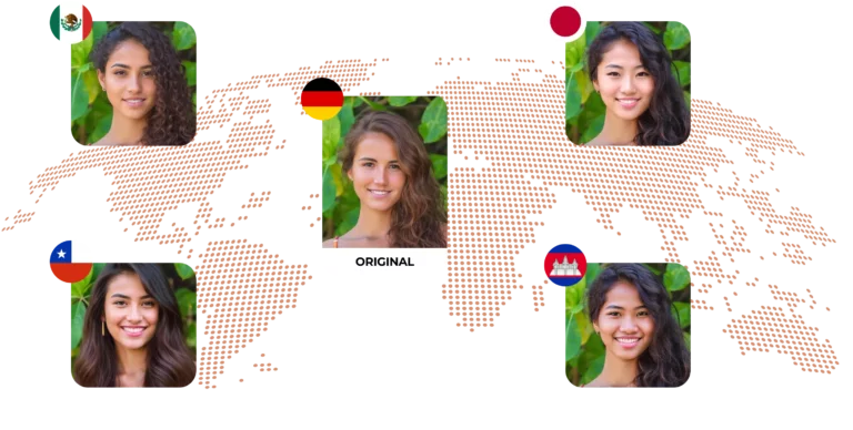 Une illustration de carte du monde avec des images de diverses femmes avec des visages typiques du pays générée par EraseID.