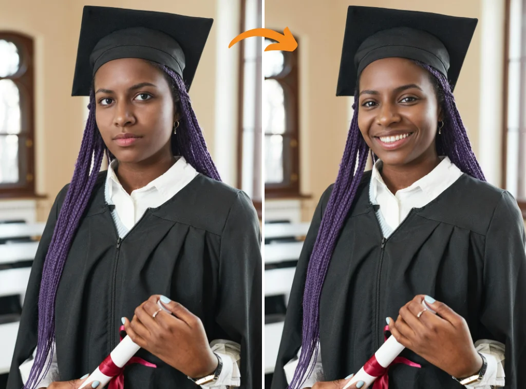 Graduación de mujer con diferentes expresiones, generada con el generador de sonrisas eraseid ai