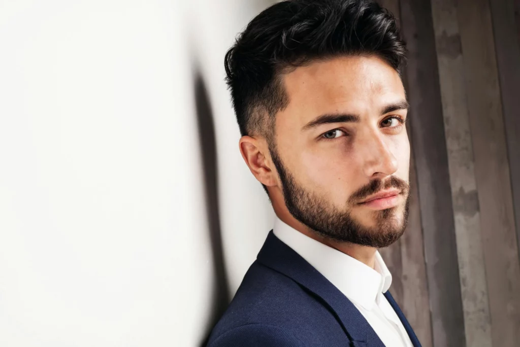 man in elegant blue dress, ai face expression changer