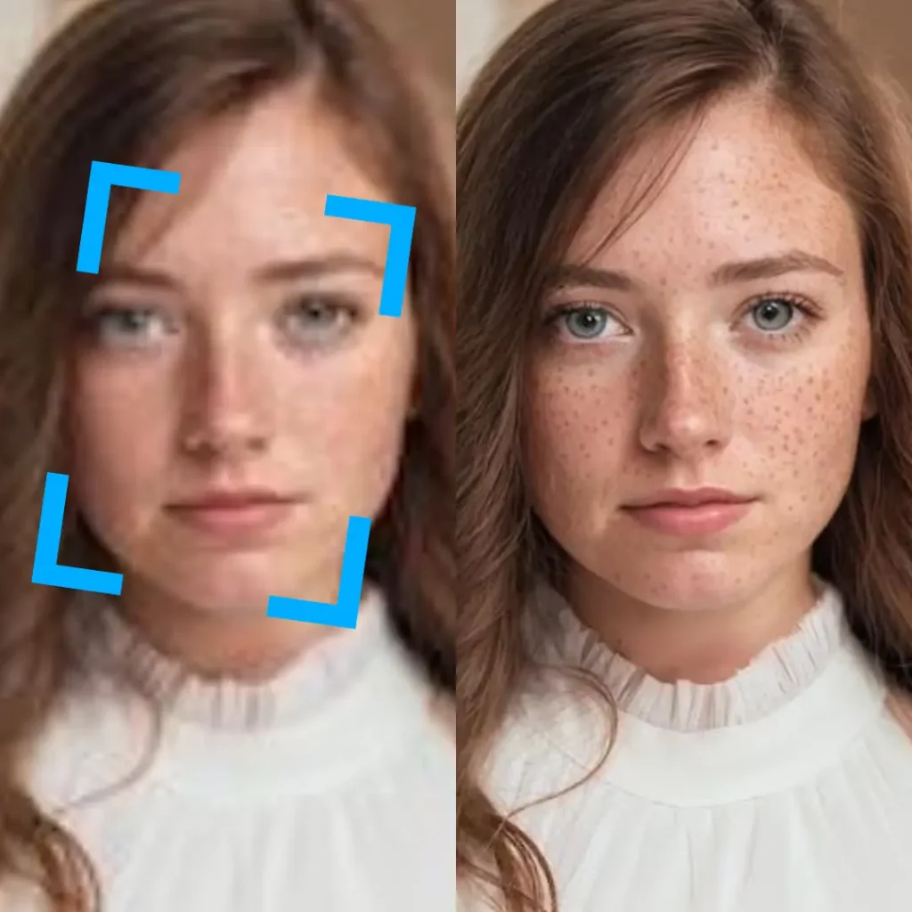 Amélioration du visage par photo AI d'une femme en gros plan avec un haut blanc à l'aide de EraseID