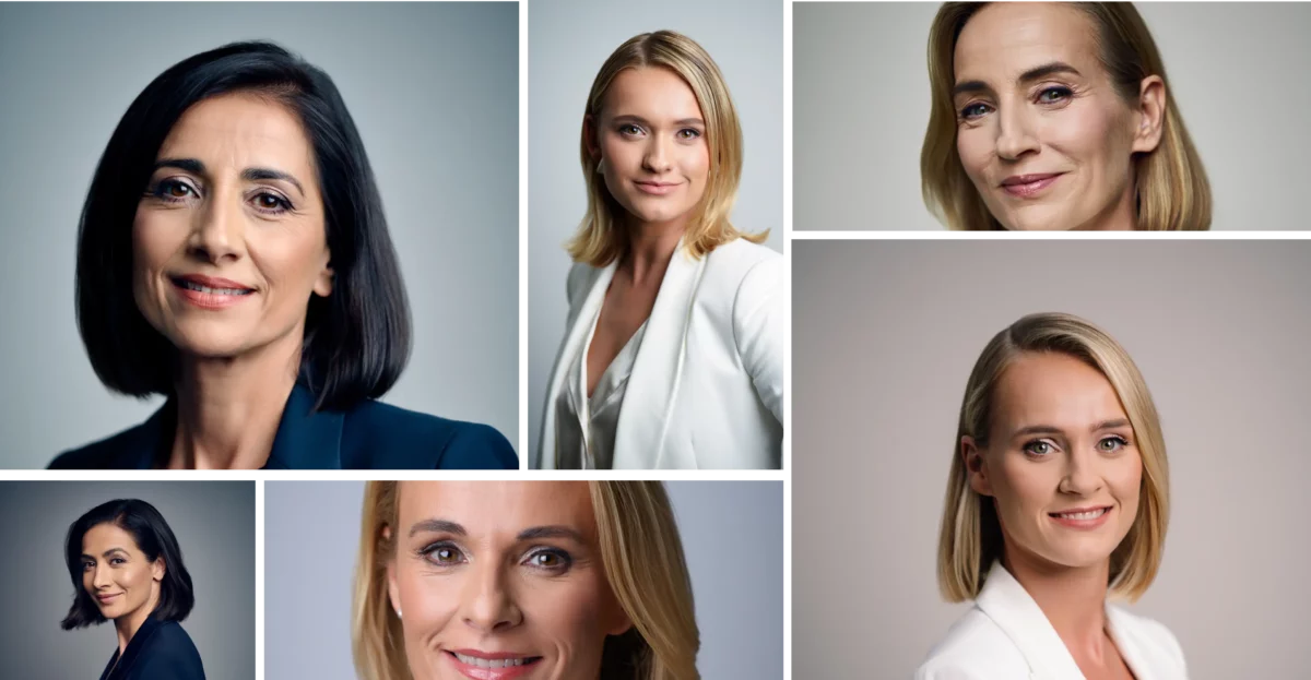 Un collage de seis mujeres rubias, cada una con chaqueta blanca. Posan para la cámara y sonríen. Generador de retratos con IA.