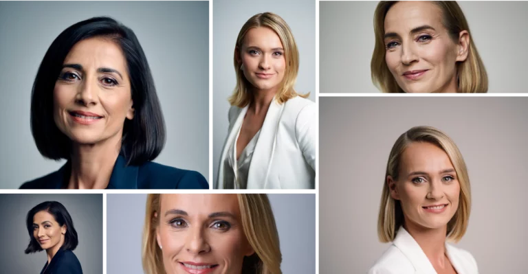 Collage de six femmes blondes, chacune portant une veste blanche. Elles posent devant l'objectif en souriant. Générateur de portraits par IA.