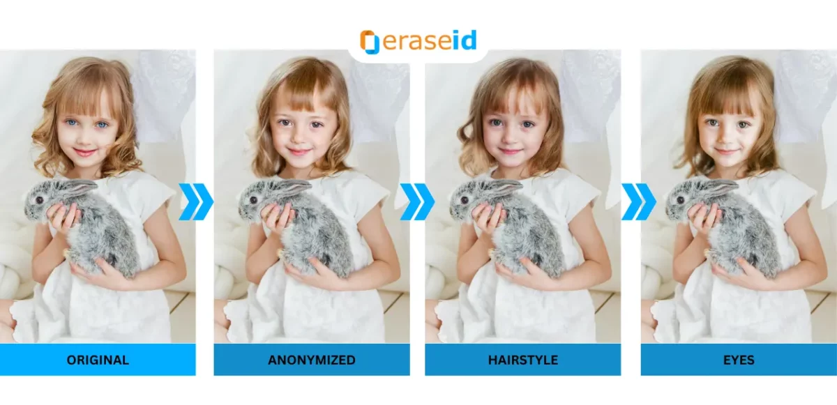 Face Adjust AI di EraseID raffigura una graziosa bambina che tiene in braccio un coniglietto