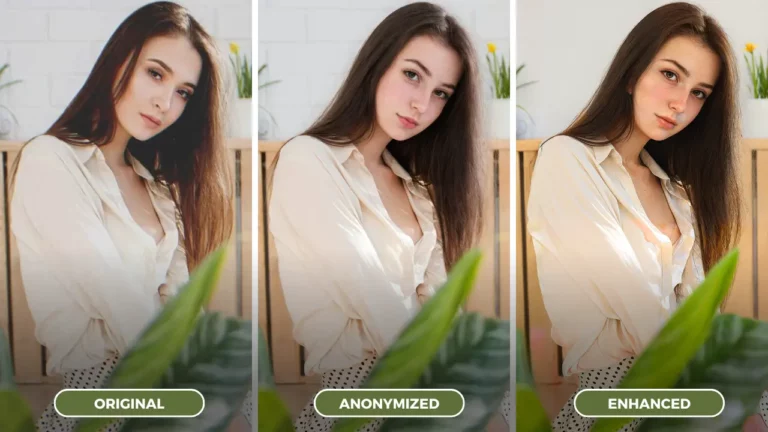 AI Face Fixer, image d'une belle fille posant pour une photo de l'original à l'anonymisé puis à la comparaison d'images améliorées