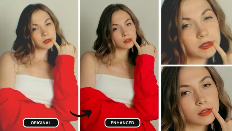 Une IA qui améliore la qualité de l'image d'une fille portant une chemise rouge et un haut blanc