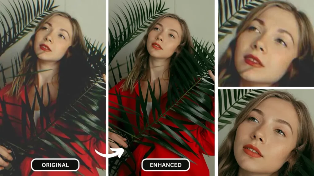 IA qui améliore la qualité de l'image d'une fille en chemise rouge