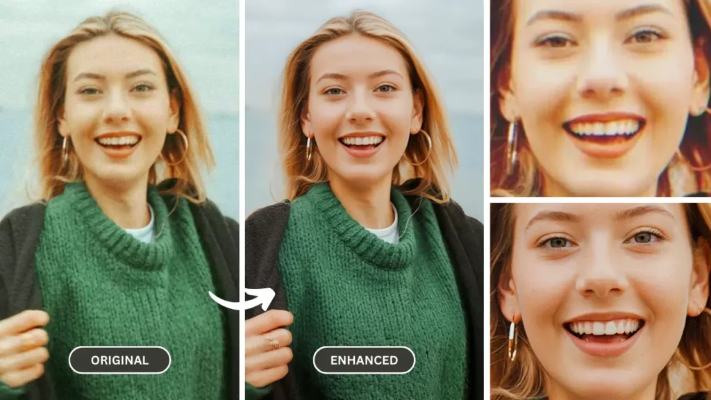 Verbesserung der Qualität des Bildes eines lächelnden Mädchens und Vergleich des Bildes vor und nach der Verbesserung des unscharfen Bildes