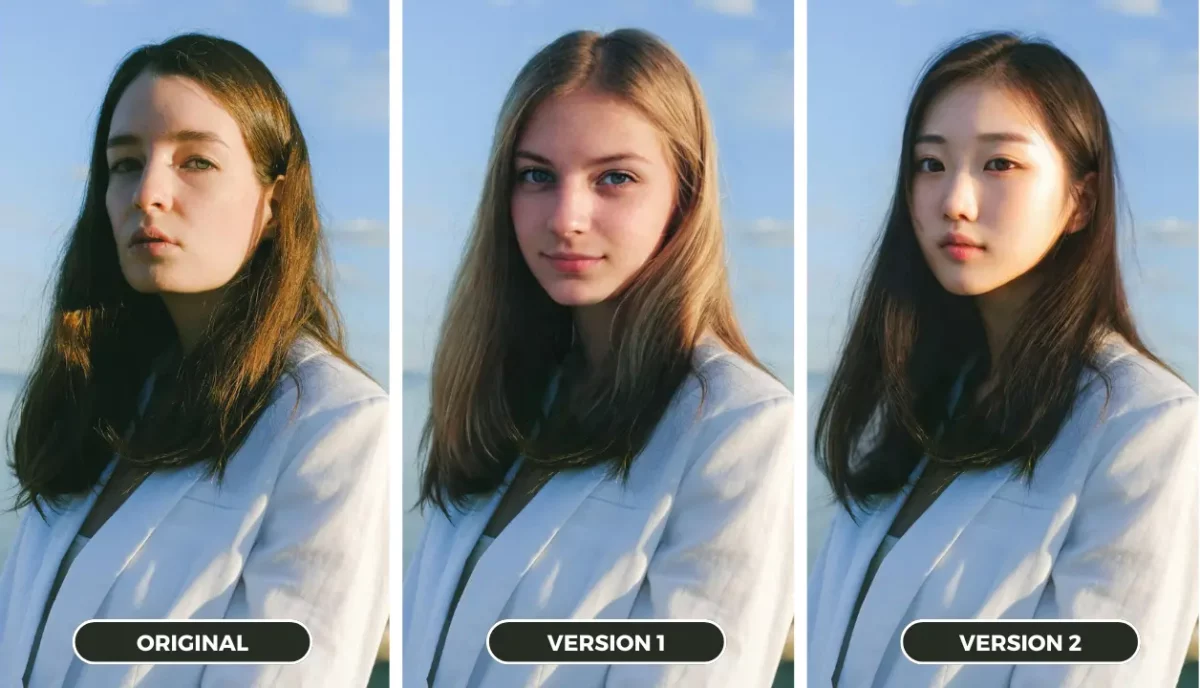 drei Bilder mit verschiedenen Gesichtern, bearbeitet mit PiktID AI API