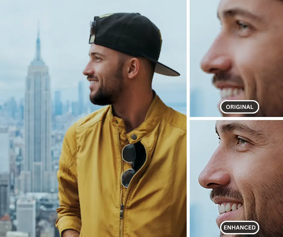 Usando un fijador de resolución de imagen de una foto de retrato de un hombre con una chaqueta amarilla con cremallera cerca del edificio Empire State