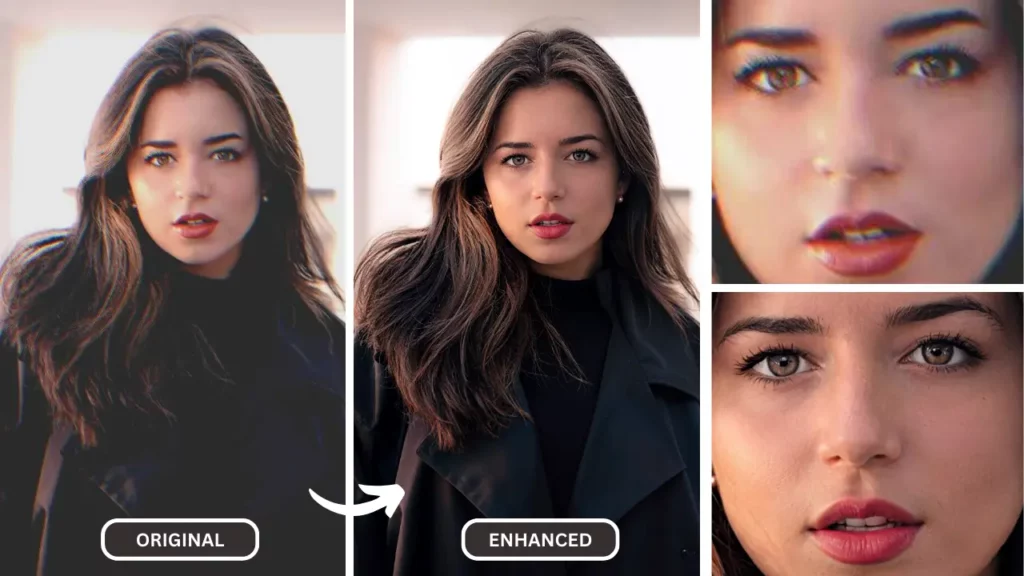 Enhanced and upscaled image with SuperID, woman with black dress