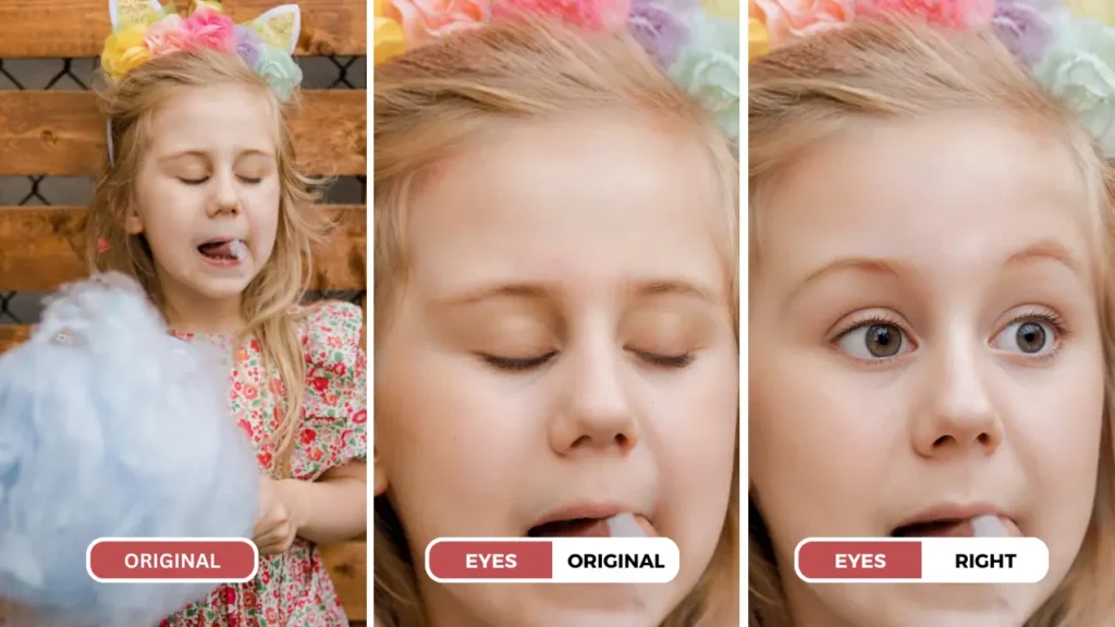 Utilisation de EraseID pour ouvrir les yeux dans l'application photo d'une image d'une petite fille mangeant des bonbons