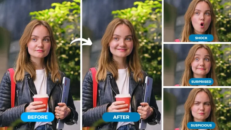 Cara sonriente de una mujer joven, cuyas expresiones se modifican mediante la herramienta de inteligencia artificial EraseID