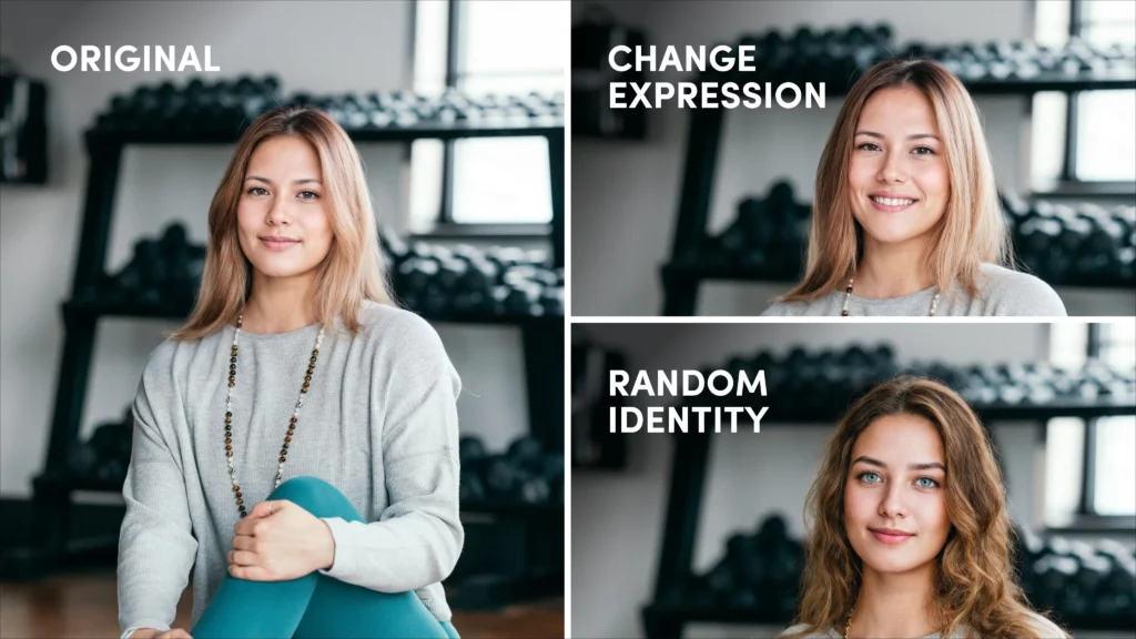 trois variantes d'une image avec différents visages éditées avec l'API AI PiktID