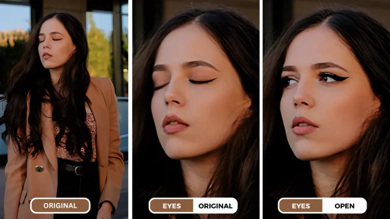 fixer les yeux fermés sur la photo image en vedette de la comparaison avant et après d'une fille portant un manteau de couleur beige et du maquillage