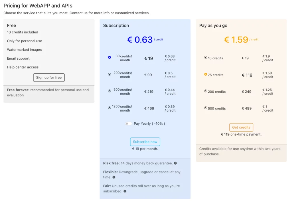 The image displays a screen with three different sections, each showing a different subscription plan for a service. The first section is a blue section, the second is orange, and the third is white. Each section has a chart that shows the cost of the subscription and the number of credits included.