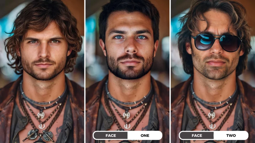 remplacement numérique du visage sur une image d'un homme portant un collier et des lunettes de soleil