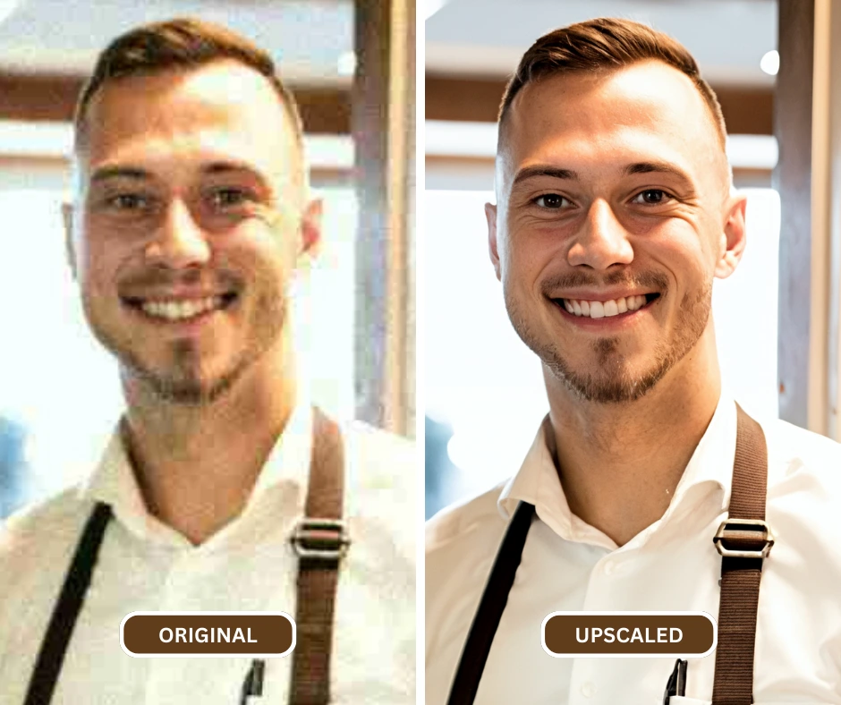 comment dépixeliser une image comparaison de l'image originale et de l'image agrandie d'un chef