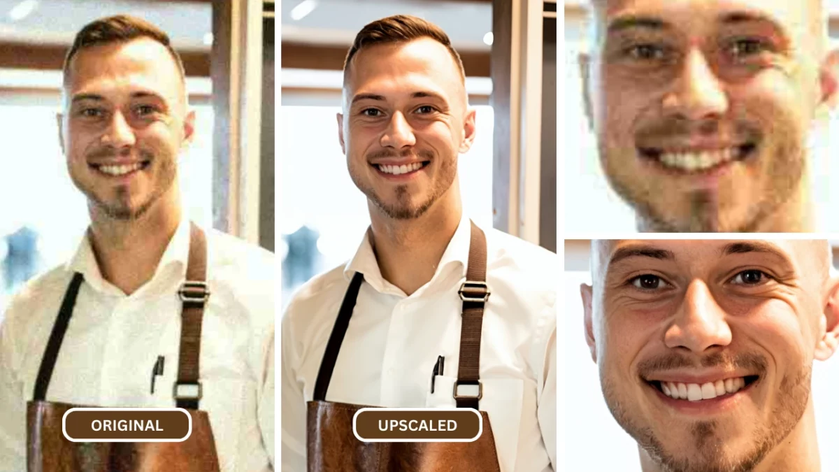 comment dépixeliser une image d'un chef en chemise blanche et tablier marron