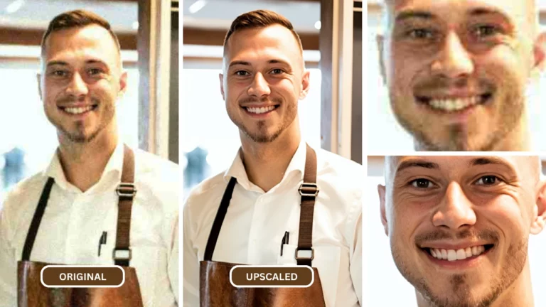 comment dépixeliser une image d'un chef en chemise blanche et tablier marron
