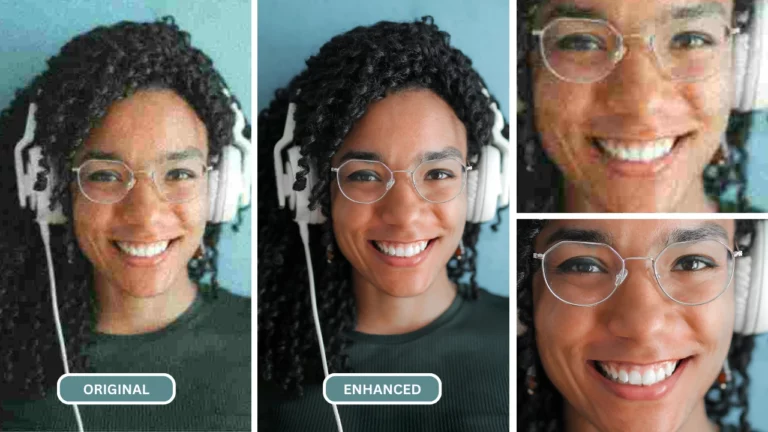 Image floue d'une fille portant des lunettes et un casque blanc