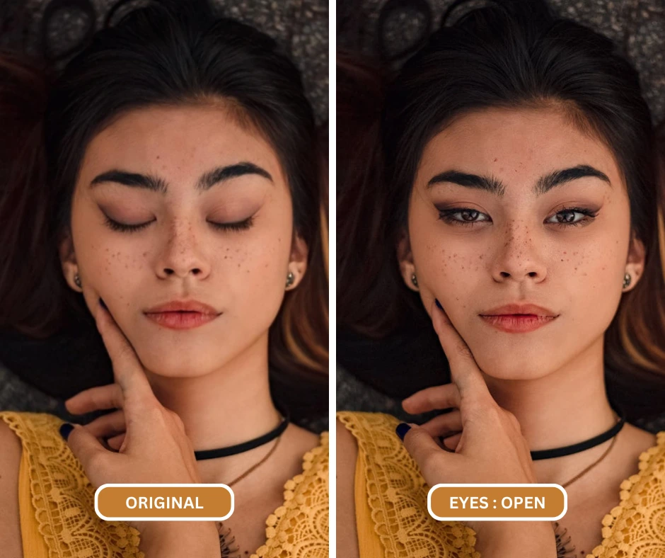 Nahaufnahme eines Mädchens, das auf dem Boden liegt und eine App zum Öffnen der Augen auf einem Foto verwendet