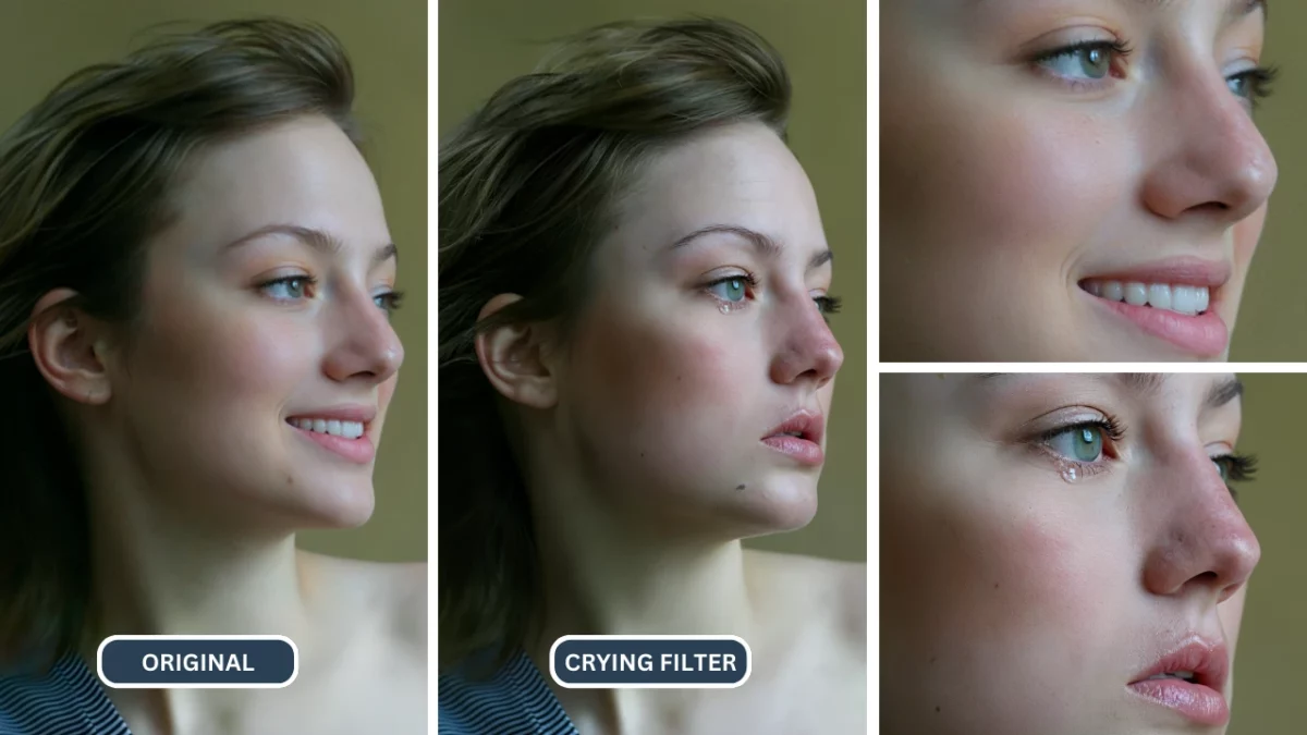 filtre visage en pleurs par EraseID sur une fille aux yeux verts