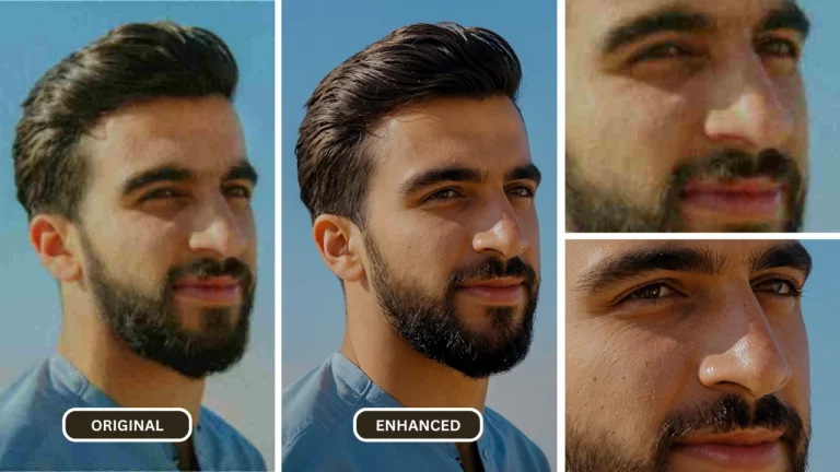 corriger l'image pixelisée d'un homme barbu en chemise bleue