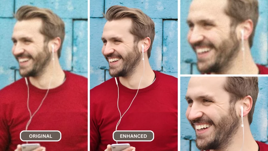 comment améliorer une photo floue d'un homme portant des écouteurs et un t-shirt rouge tout en tenant un téléphone portable