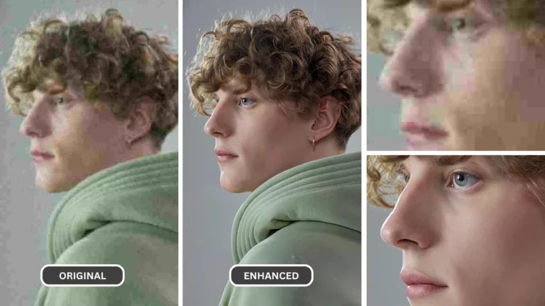 Upscaling 4K sur une image d'un garçon aux yeux bleus et au sweat à capuche vert avec l'aide de SuperID