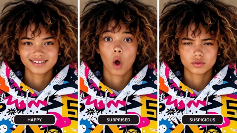 Belle fille changeant d'expressions à l'aide de l'IA de EraseID présentée dans un sweat à capuche de Happy à Surprised à Suspicious