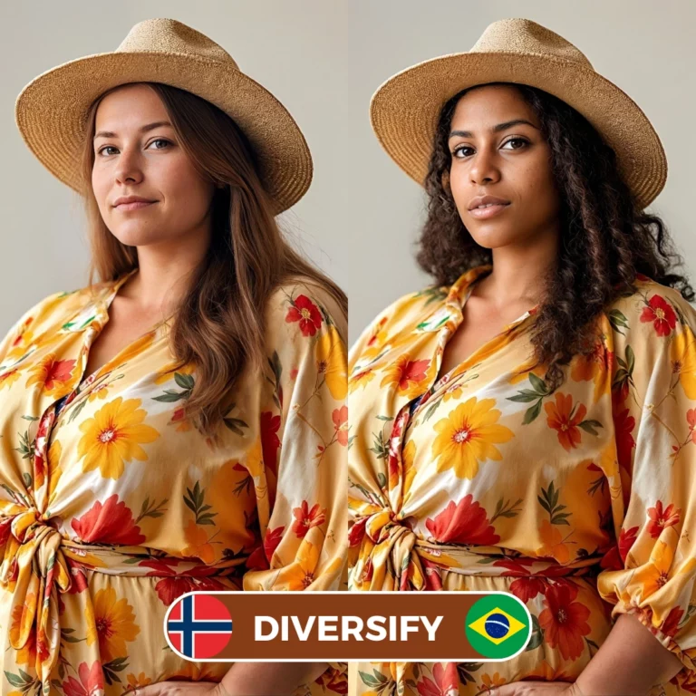 Utilizando EraseID para diversificar el look de una mujer con vestido floral de Noruega a Brasil