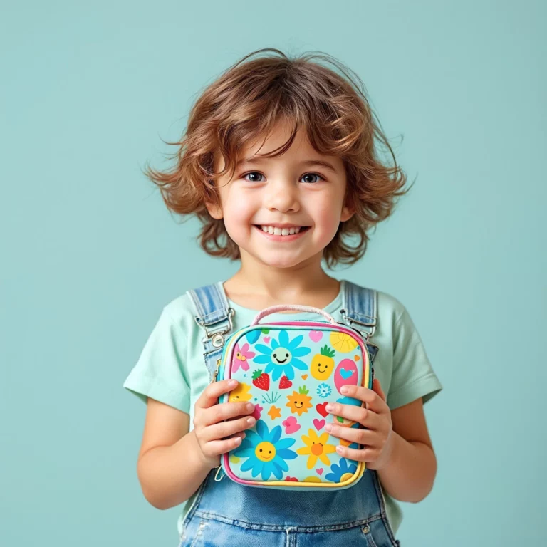 Un jeune enfant tient une boîte à lunch colorée avec un motif floral et sourit à la caméra.