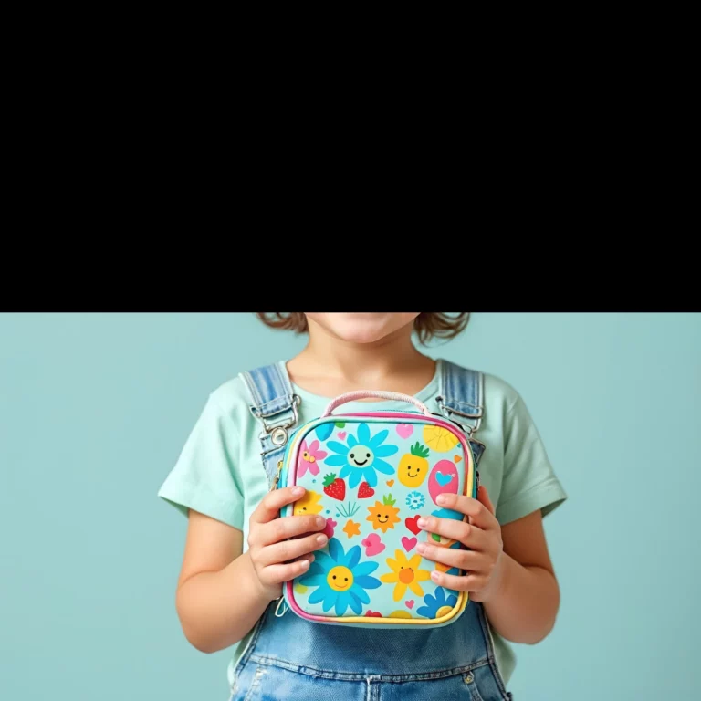 Un jeune enfant tient une boîte à lunch colorée avec un motif floral et sourit à la caméra. Visage recadré.