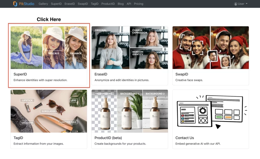 Choisir SuperID pour mettre à l'échelle ou améliorer n'importe quelle image à l'aide de l'IA sur le studio PiktID nommé PikStudio