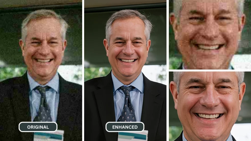 outil de floutage d'image nommé SuperID utilisé pour améliorer l'image d'un vieil homme en costume noir et aux cheveux gris