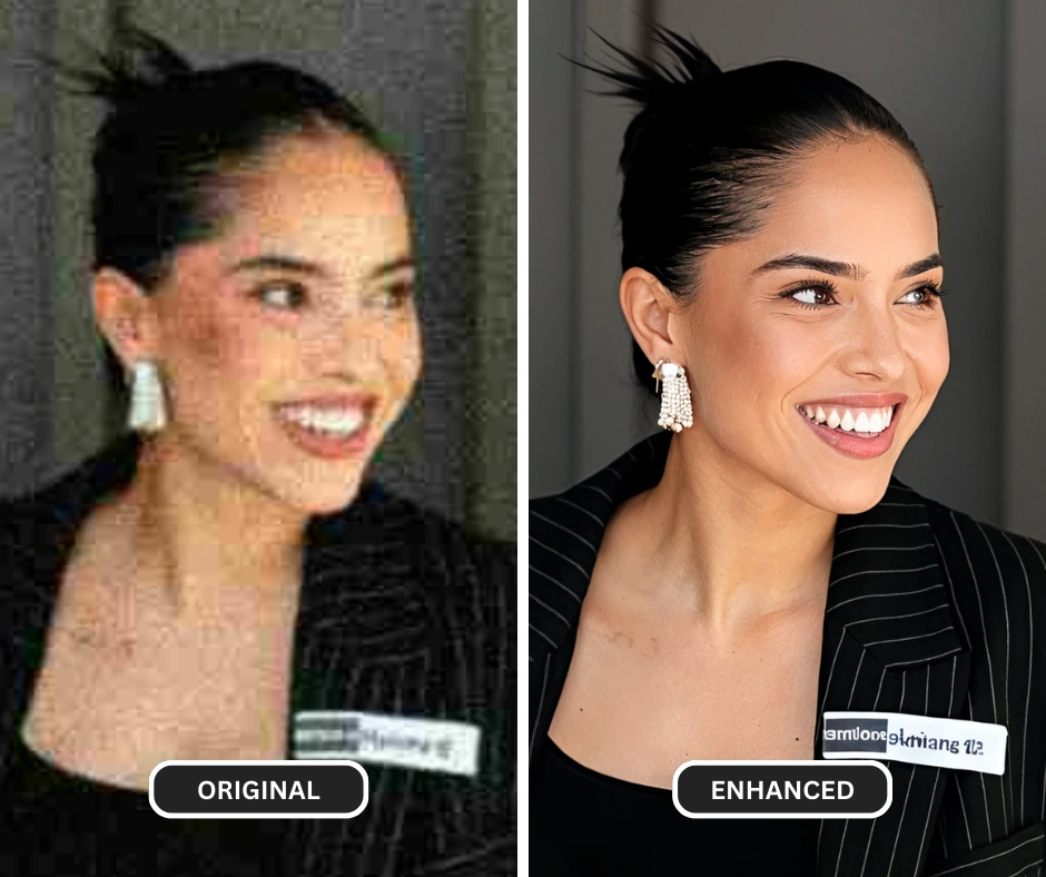 Outil de floutage d'image SuperID pour améliorer l'image d'une femme portant des boucles d'oreilles en diamant et un costume noir sur mesure