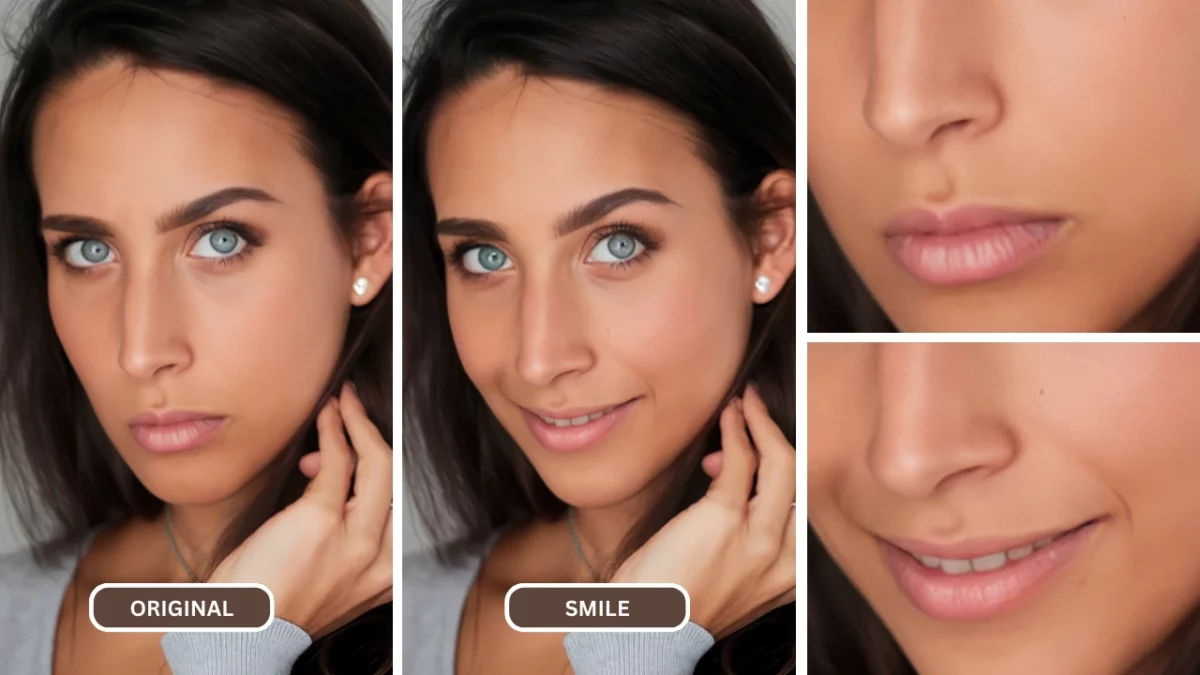 Filtro de sonrisa AI utilizado en una imagen de una mujer con ojos azules y top gris con aretes