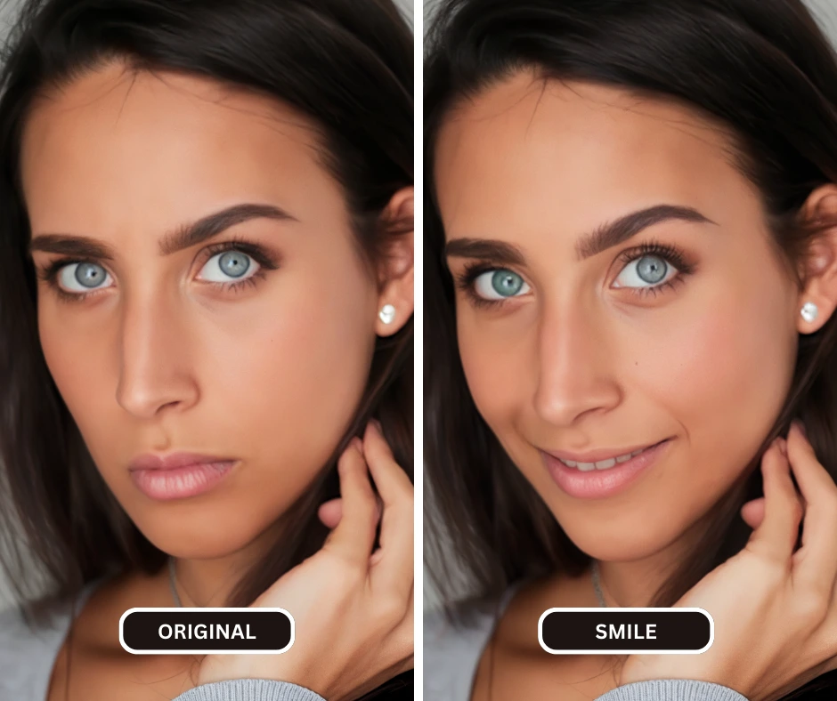 Comparación del filtro Smile AI antes y después de su aplicación en una imagen de una mujer con ojos azules
