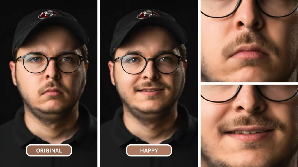 Imagen mejorada de un joven con gorra negra y anteojos feliz después de aplicar un filtro de inteligencia artificial