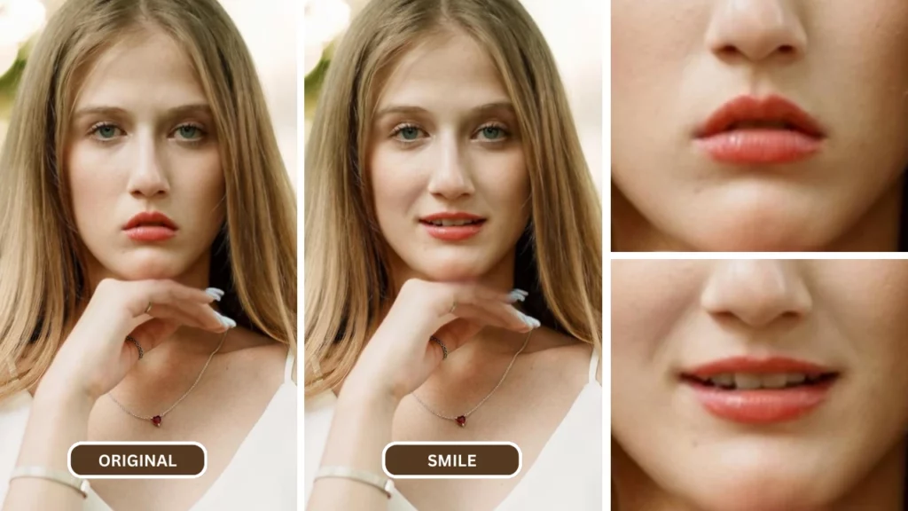 Editor de fotos de sonrisas utilizado en una imagen de una mujer rubia con un vestido blanco y un collar sonriendo mientras apoya su barbilla en su mano.