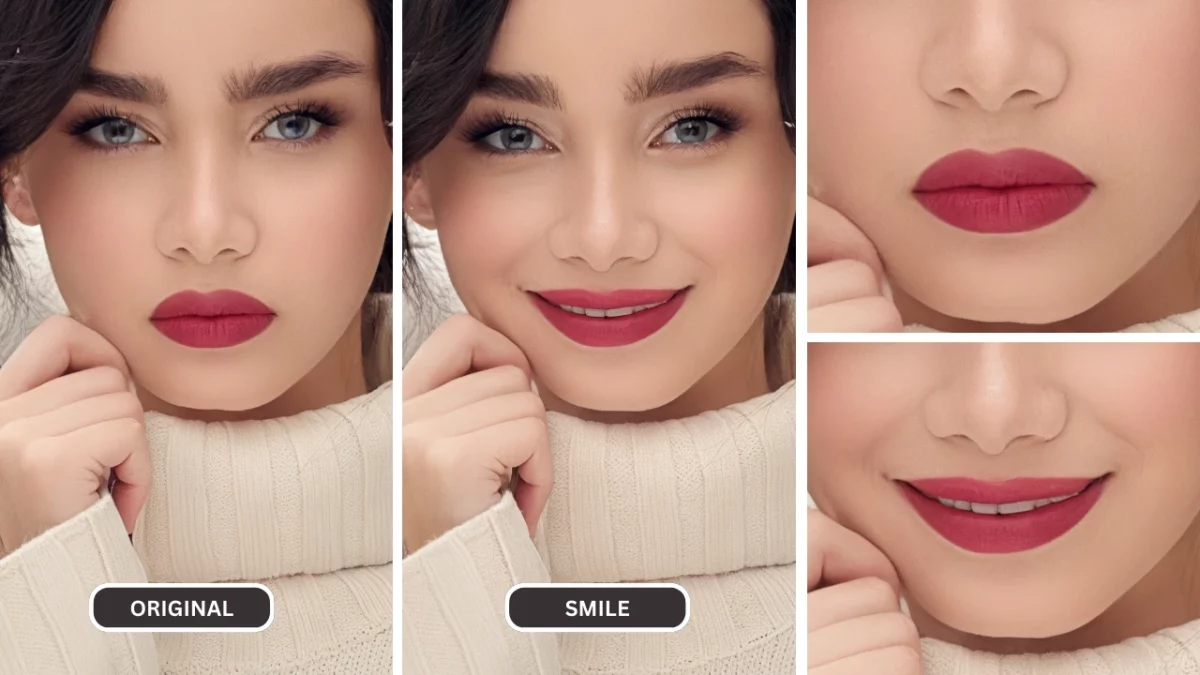 Editor de fotos de sonrisas de una niña con suéter blanco y lápiz labial rojo.
