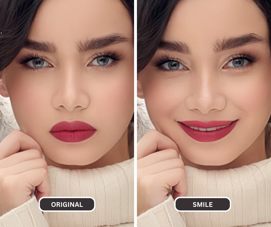 Fotografía de primer plano de una joven sonriente con lápiz labial rojo y ojos azules usando un editor de fotos de sonrisas