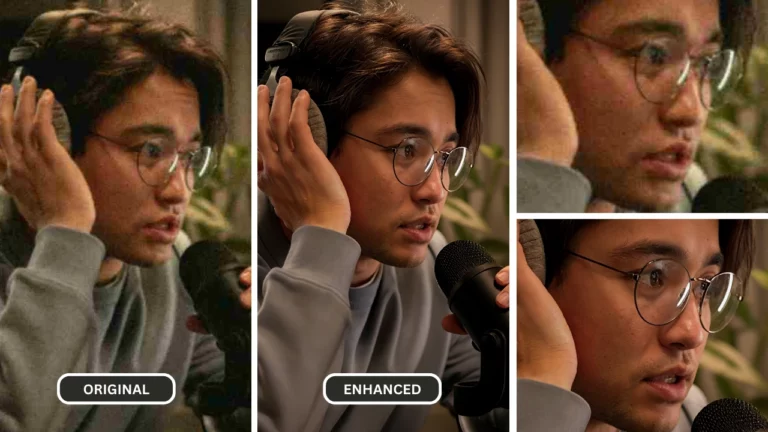 image floue ai d'un garçon portant des lunettes portant un sweat-shirt gris et un micro