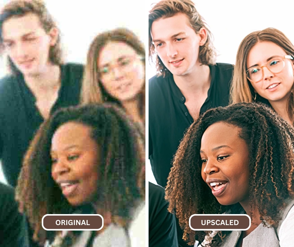 Eine Gruppe von Kollegen arbeitet zusammen, während ihr verschwommenes Bild mit SuperID hochskaliert wird