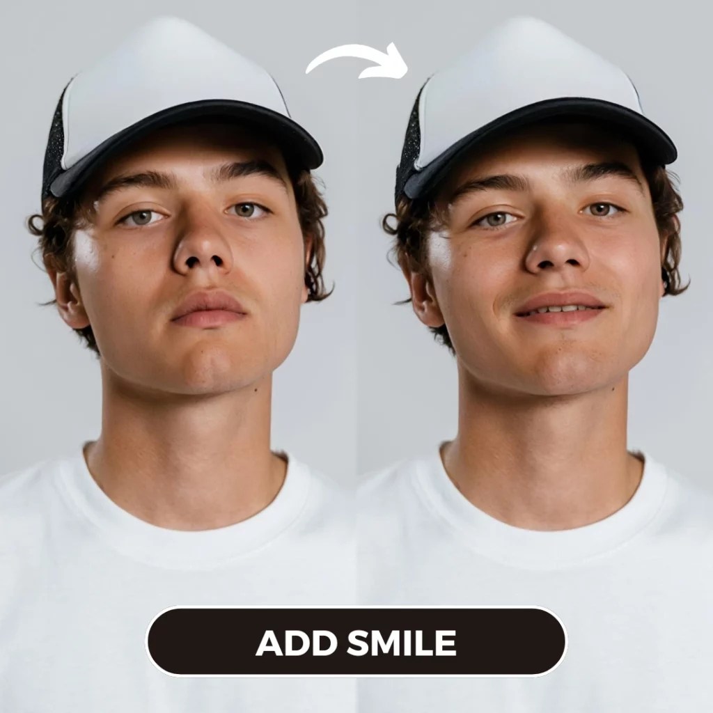 Añadiendo la sonrisa de un niño con gorra blanca y camiseta blanca