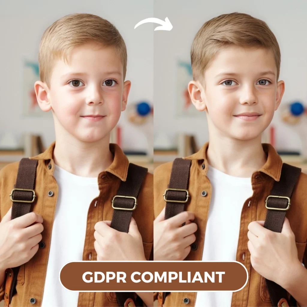 AI Face Enhancer EraseID cumple con el RGPD y muestra a un niño con una mochila